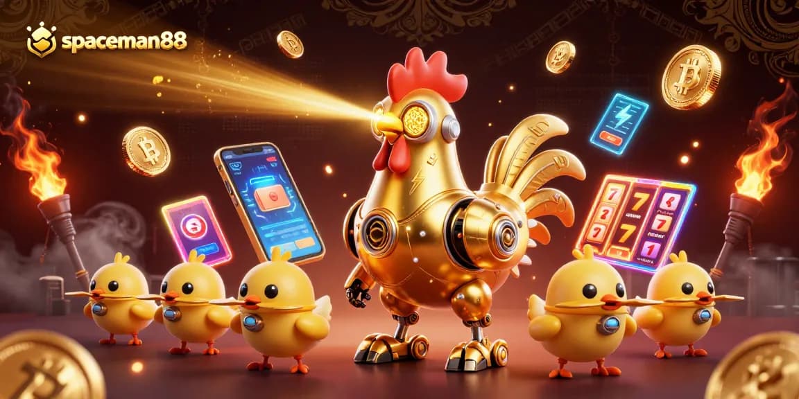 Experience the thrilling spaceman88 slot game adventure with a vibrant 3D illustration featuring unique golden robot characters.