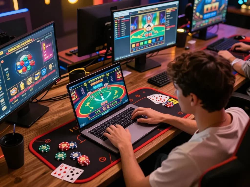 Engaging online gaming scene with a player using sirensibiza for live dealer casino action and vibrant atmosphere.