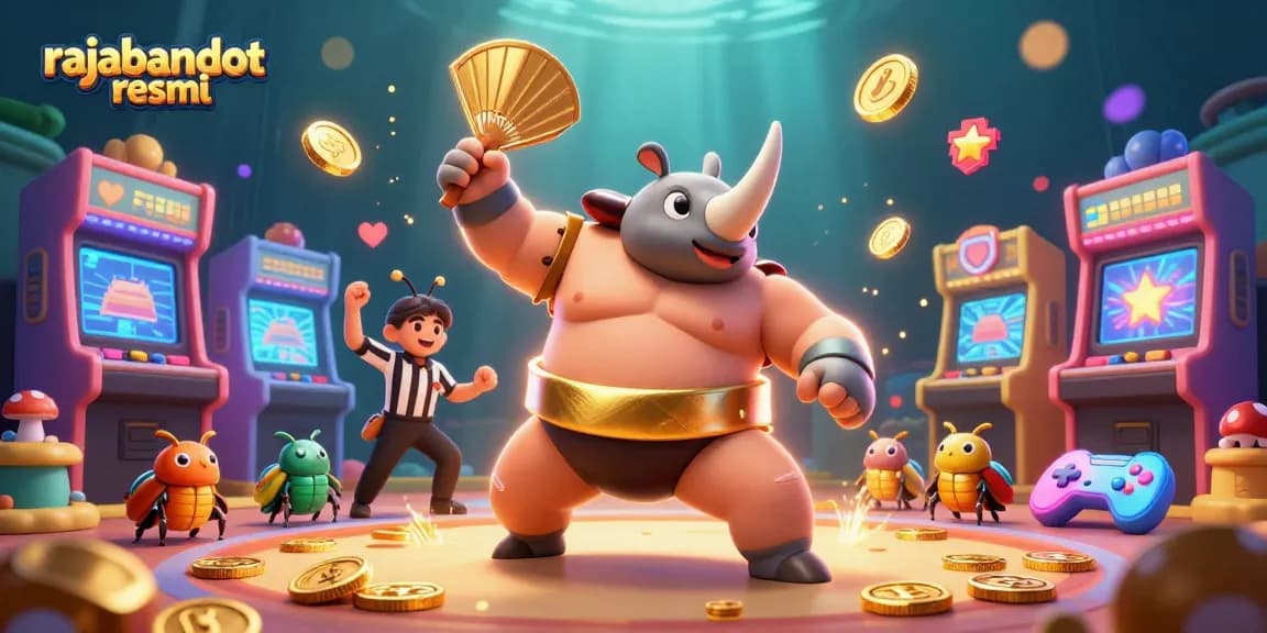 Join the fun with rajabandot resmi as the beetle champion celebrates wins in a vibrant casino scene!