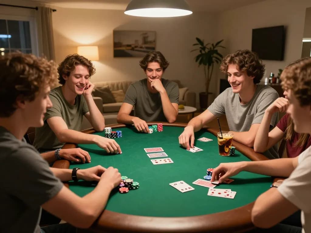 Nohu90 players strategizing during a thrilling home poker night with colorful chips and cozy atmosphere.
