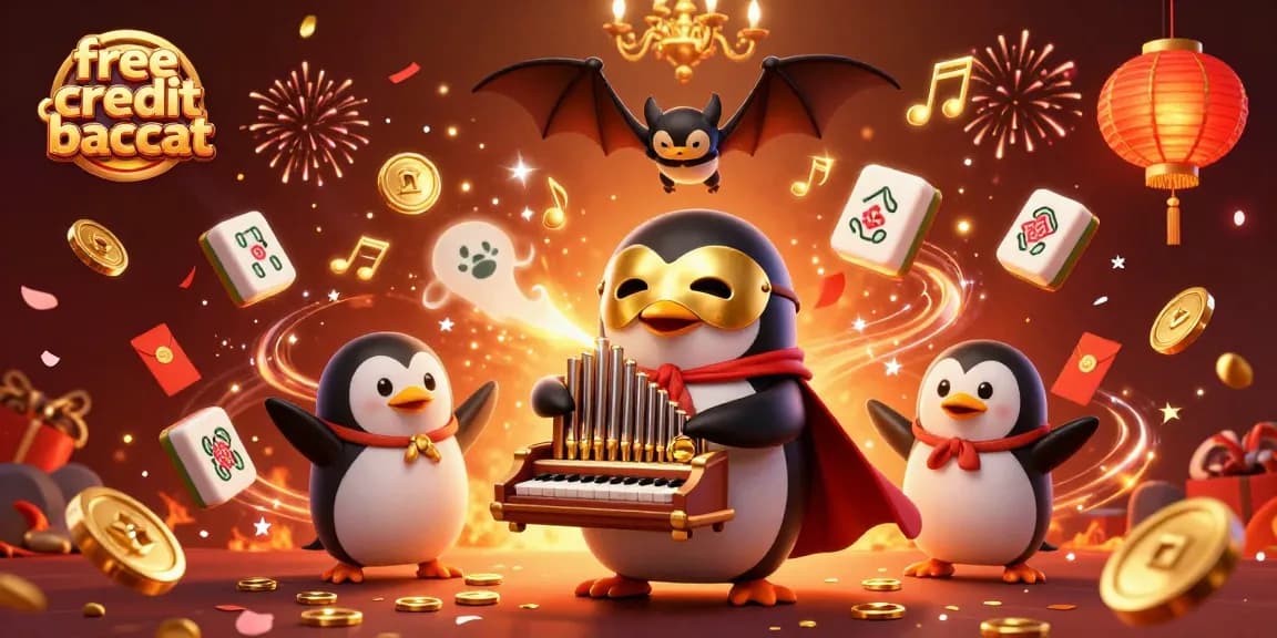 Play free credit baccarat in a vibrant casino scene with animated penguins and festive elements.
