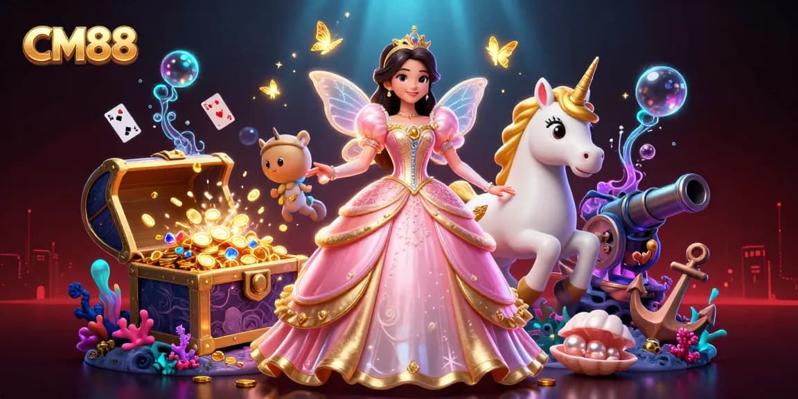 Experience the thrill of winning at CM88 with an enchanting 3D illustration featuring casino elements.