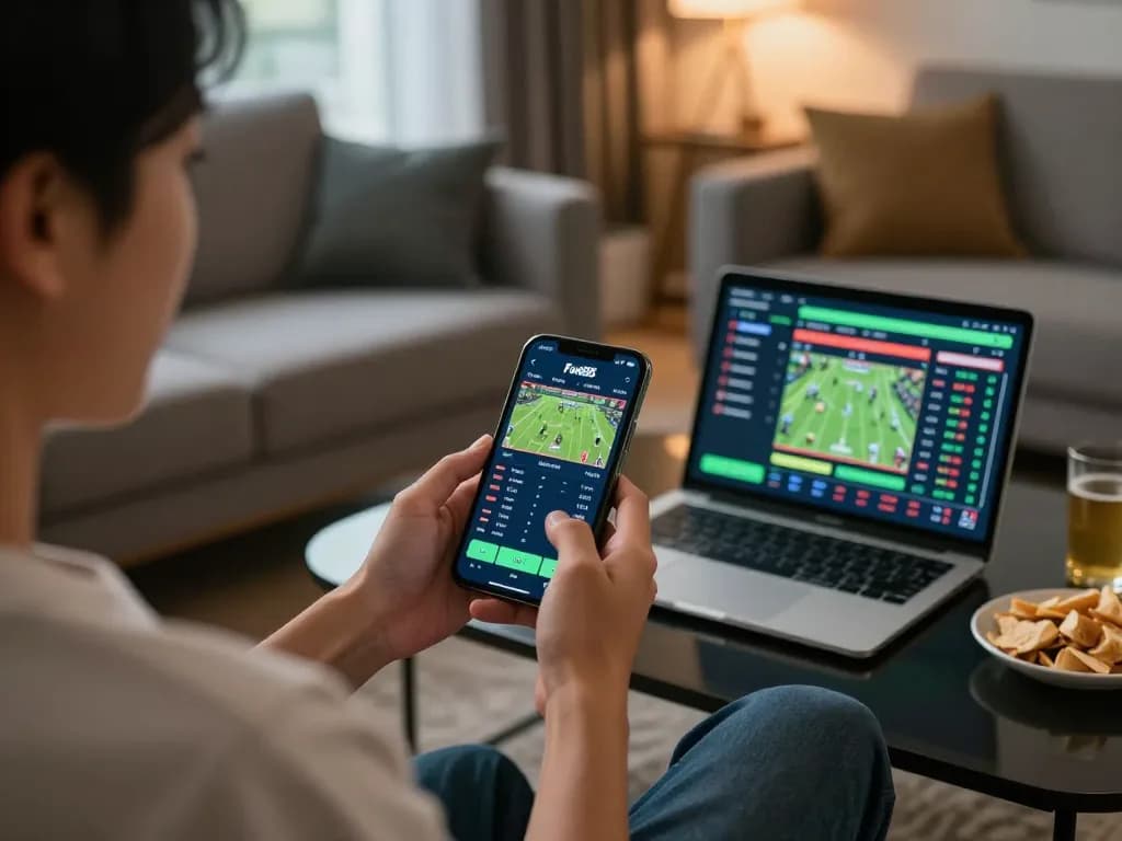 Fun88 app showcasing live sports betting action in a modern living room for engaging gaming experience.
