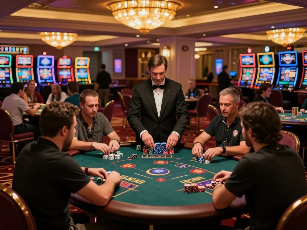 Players engage in thrilling poker actions at MM88 casino with vibrant decor and warm lighting.