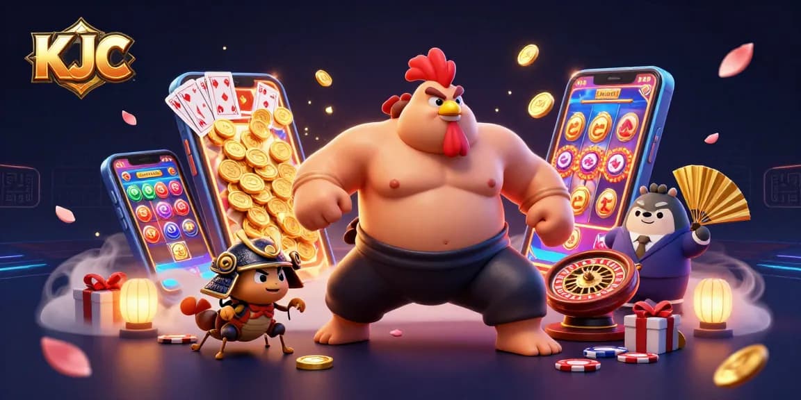 KJC offers thrilling experiences with a massive sumo wrestler and a fierce cricket in a vibrant casino setting.
