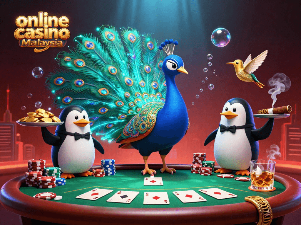 Permainan kasino dalam talian Malaysia dengan burung merak dan penguin membawakan syiling emas.