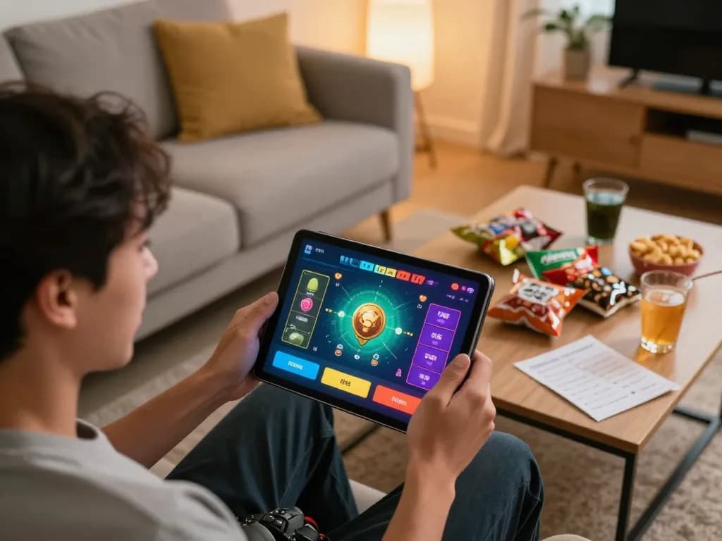 Experience engaging gameplay on ligalgo app within a cozy home, featuring tablet and betting environment.