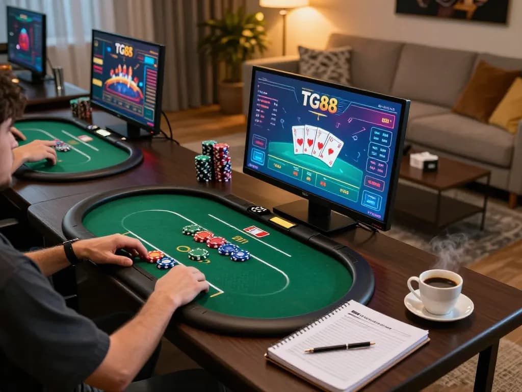 Dynamic online gambling experience on TG88 with poker game displayed and strategic notes nearby.