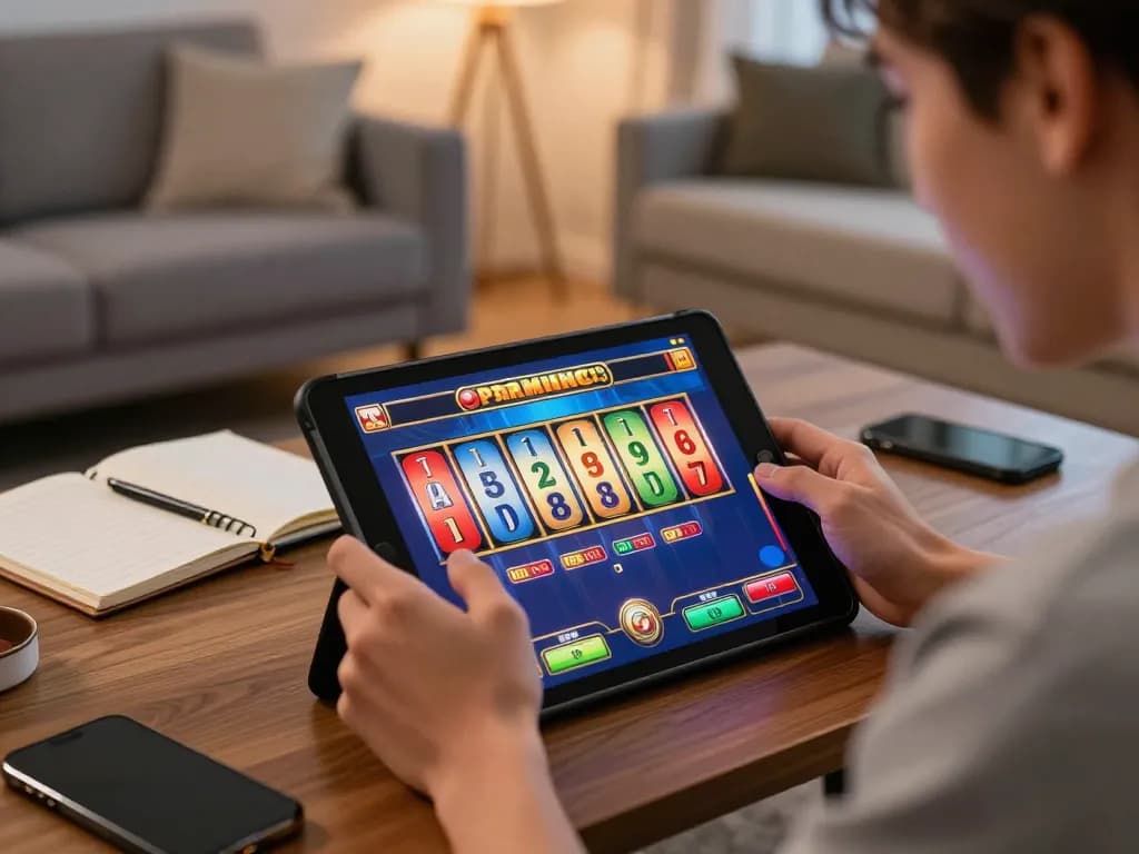 Engaging LGOGOAL experience with a player enjoying online slots on a tablet in a cozy living room.
