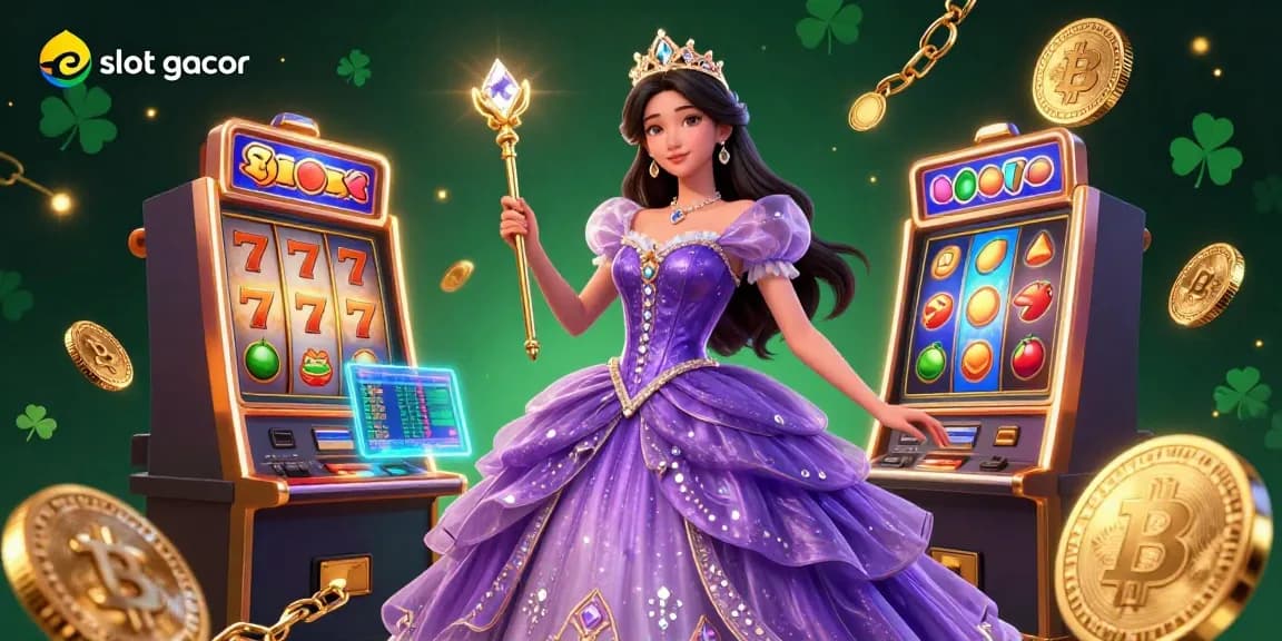 Experience slot gacor with vibrant slot machines and a luxury princess next to cryptocurrencies.