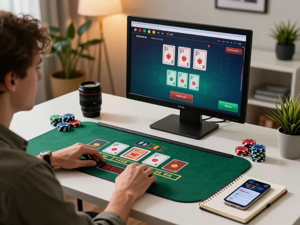 winstrike69 player enjoying online blackjack with strategies laid out for better betting decisions