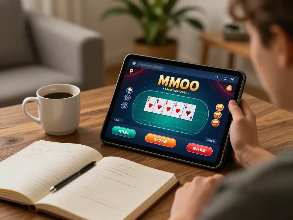 Engaging with MMOO online poker at home, showcasing strategy notes and a casual atmosphere.