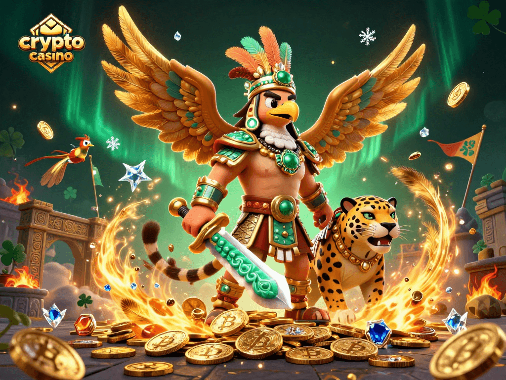 Engage in the crypto casino adventure with dynamic Aztec warriors and Ethereum coins swirling.
