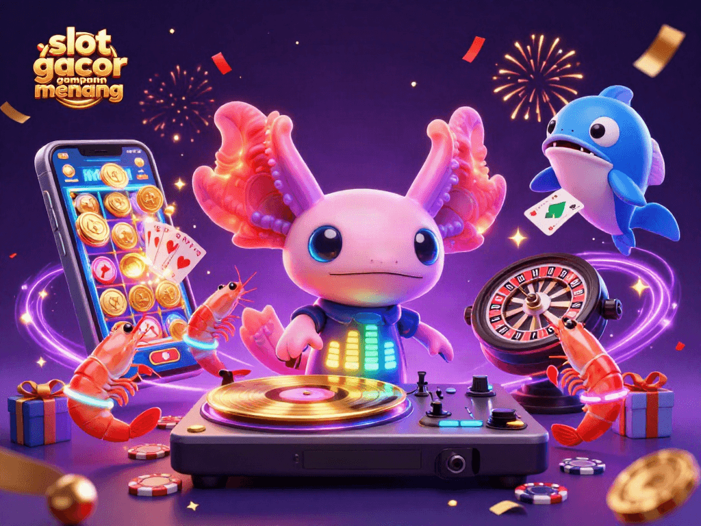Spin to win with slot gacor gampang menang as the vibrant axolotl DJ unleashes a casino celebration.