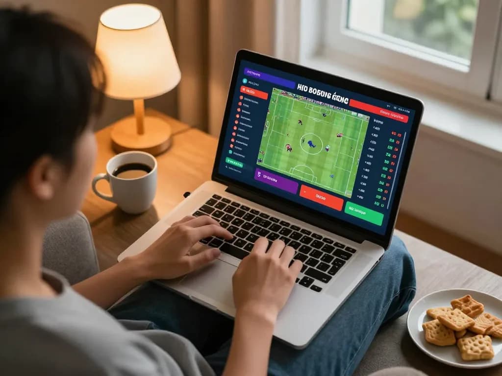 Engaging in kèo bóng đá betting from home, featuring laptop with live odds and match details.
