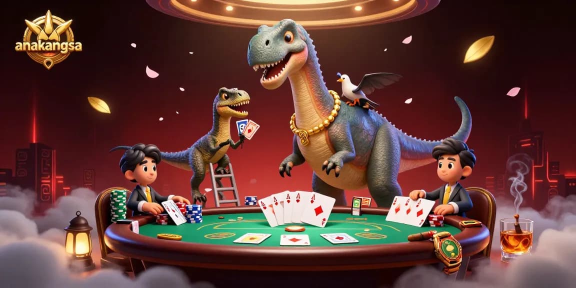 Anakangsa engages players at a vibrant poker table under a whimsical dinosaur casino scene.