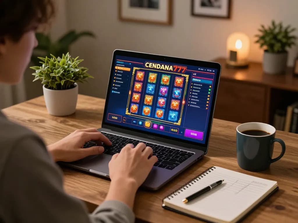 CENDANA777 gaming session on laptop with colorful slots and strategic notes at home