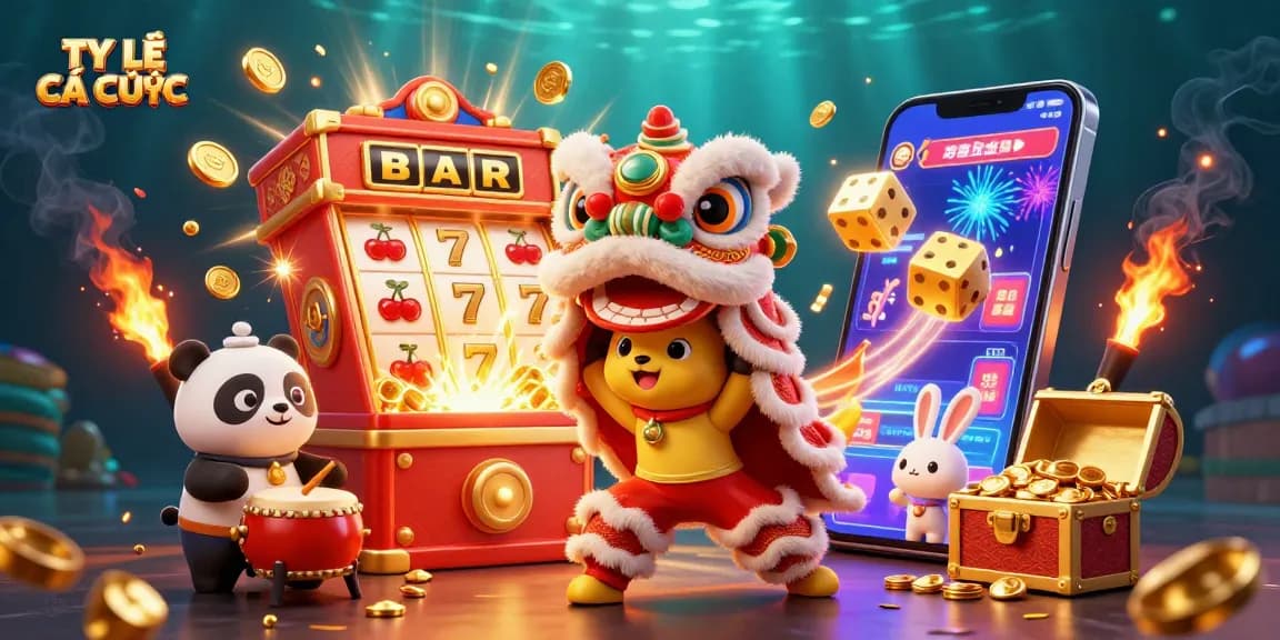 TỶ LỆ CÁ CƯỢC featuring a vibrant slot machine, lion dance, and playful casino elements.