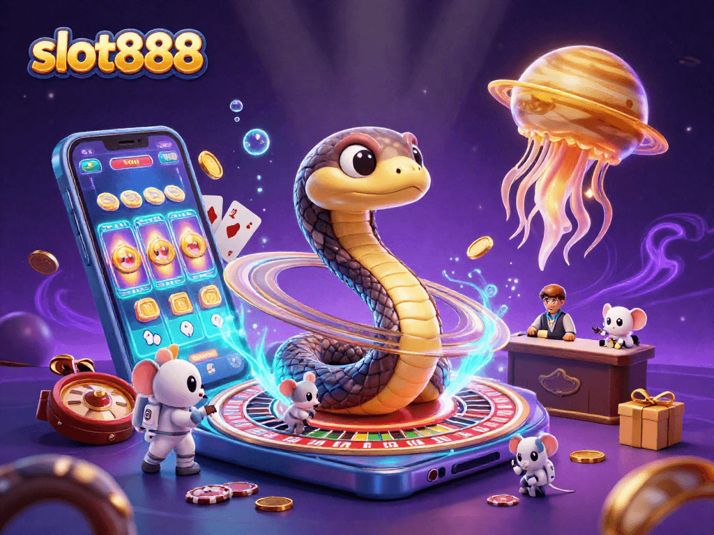 Permainan slot888 yang menarik dengan karakter 3D ular Saturnus dan astronaut kecil yang bertaruh di roda roulette, dikelilingi elemen permainan menghibur.