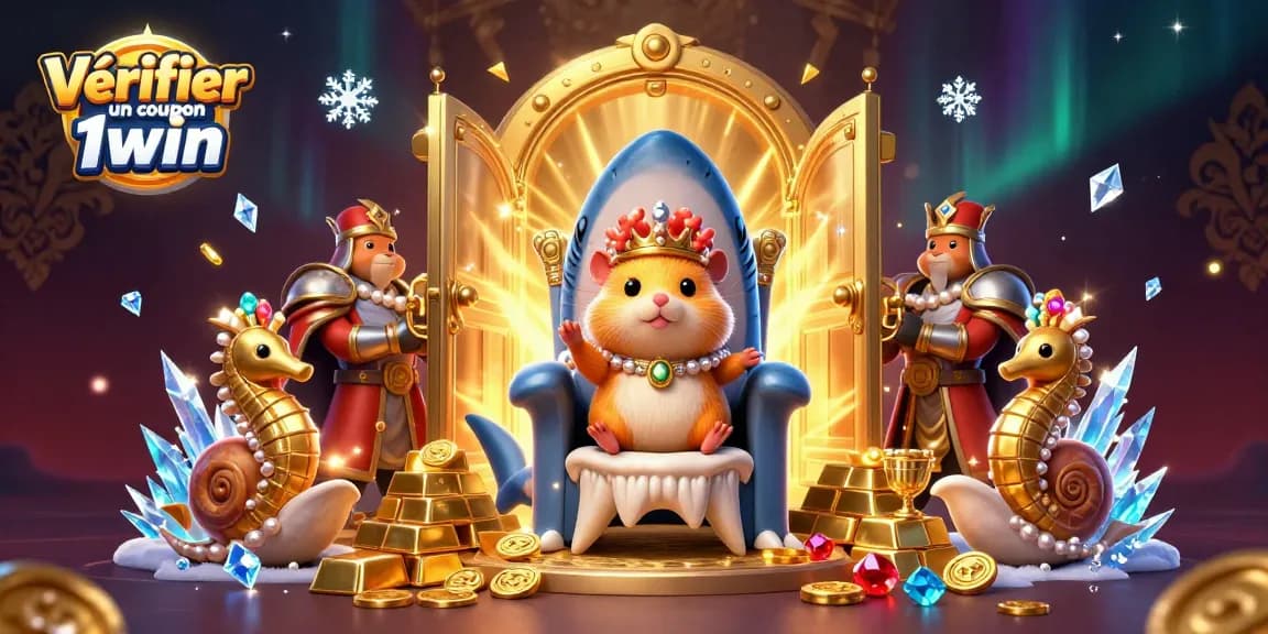 Vérifier un coupon 1win avec le roi hamster d'or, gardes hippocampes et trésors scintillants.