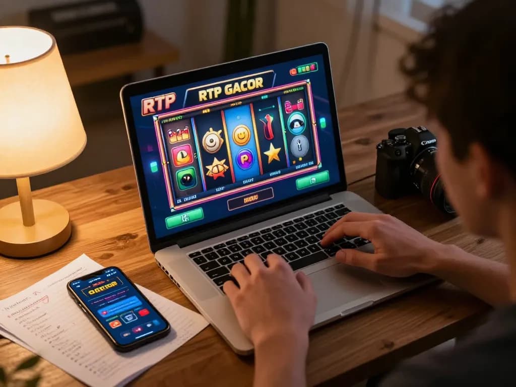 Player experiencing RTP slot gacor excitement while engaging with vibrant online gaming elements at home.