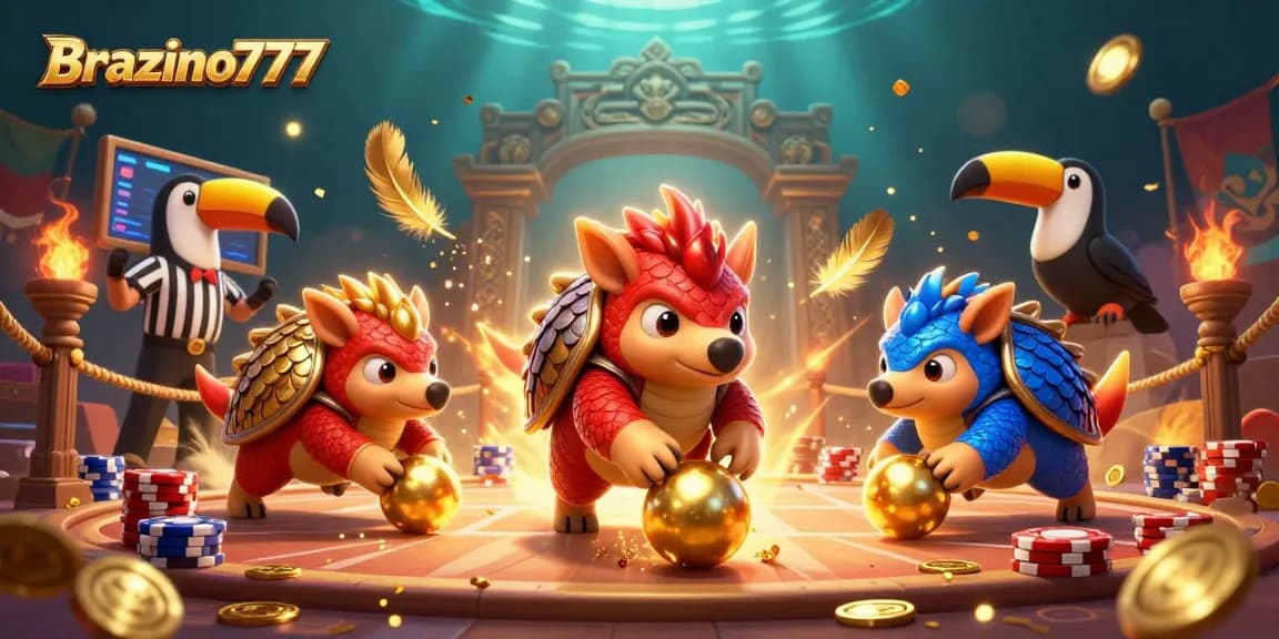 Brazino777 pangolins compete in a vibrant casino scene with golden coins and poker chips.