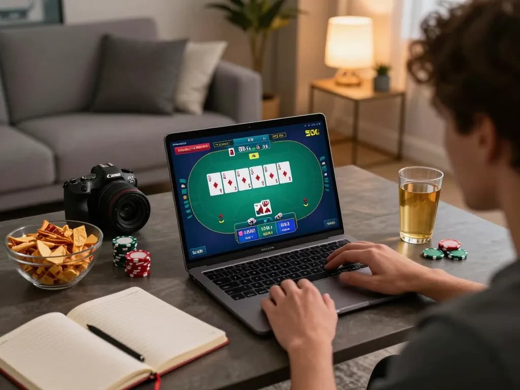 Bermain poker online dengan telepathywear di suasana rumah yang nyaman, fokus pada strategi dan kesenangan.