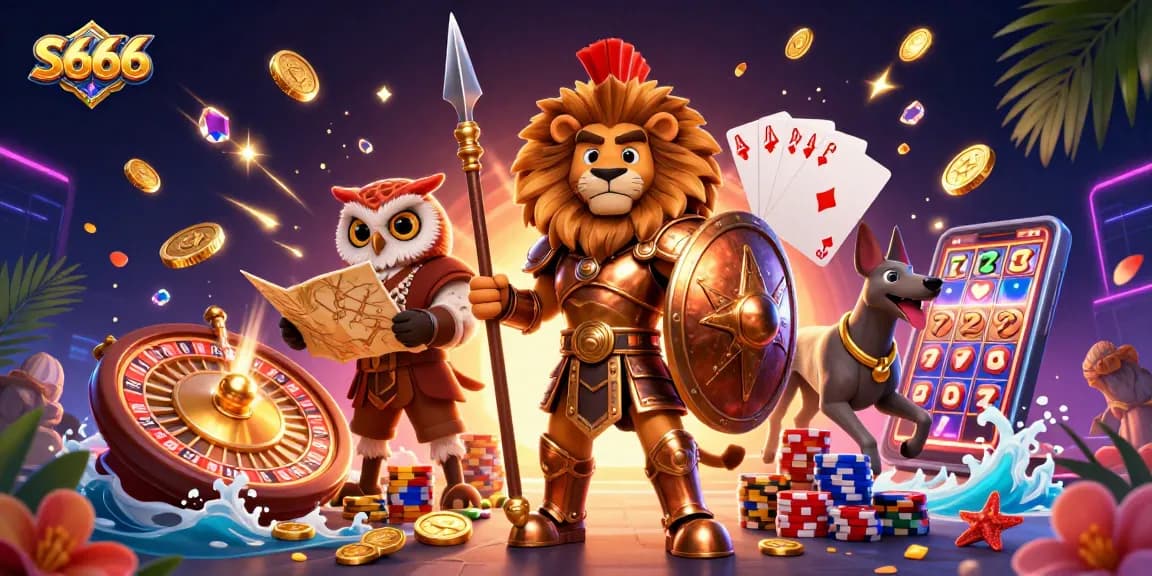 S666 gamblers enjoy thrilling adventures as coins cascade and cards fly in a vibrant casino atmosphere.