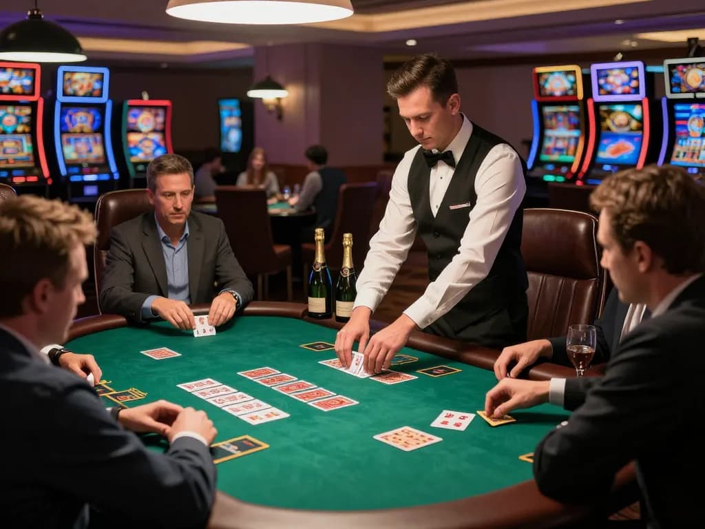 Players engaged at vegrecipeworld blackjack table, dealer shuffling cards in a luxury casino setting.