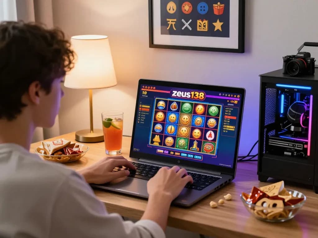 Enjoying a thrilling gaming experience on zeus138 platform with vibrant slot graphics and cozy setup.