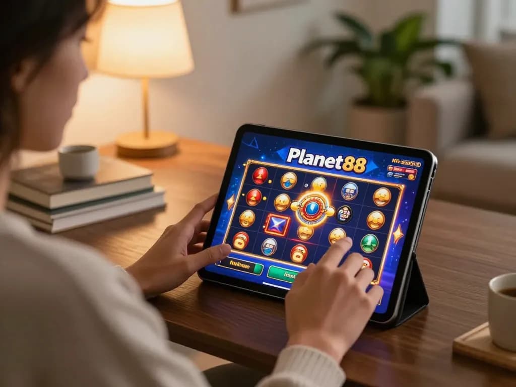 Planet88 slot game displayed on tablet in cozy home setup enhancing online gaming experience.
