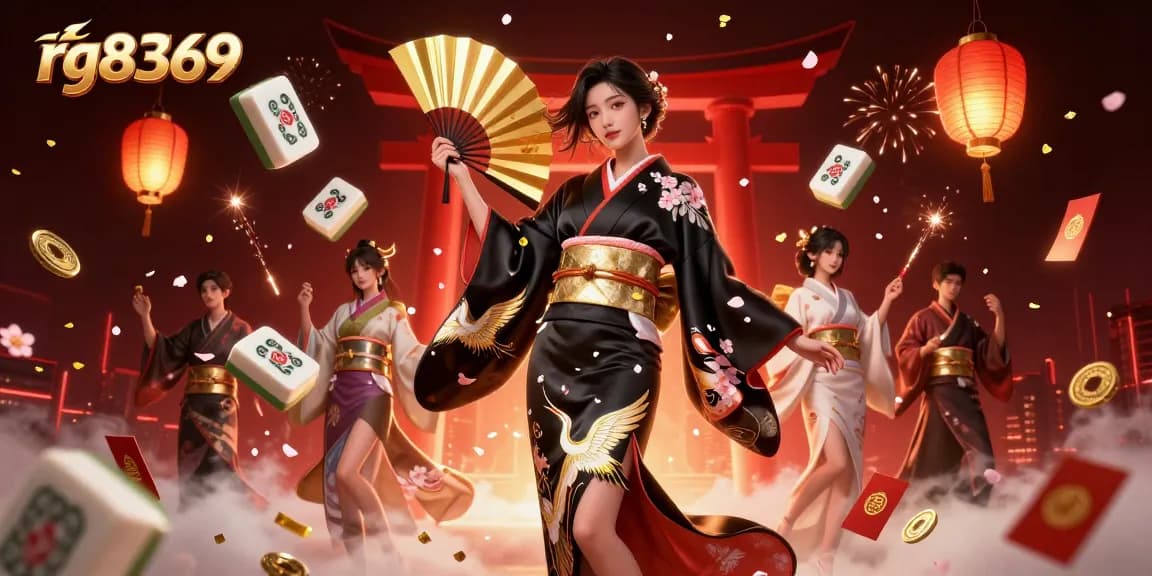 Engage in thrilling gaming activities with RG8369 as an elegant woman elegantly poses with a fan amidst vibrant casino elements.