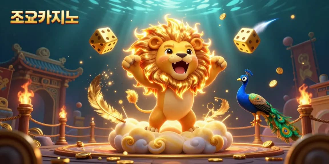 Engage in thrilling moments with 조이카지노 as a cartoon sun lion dominates the casino scene.