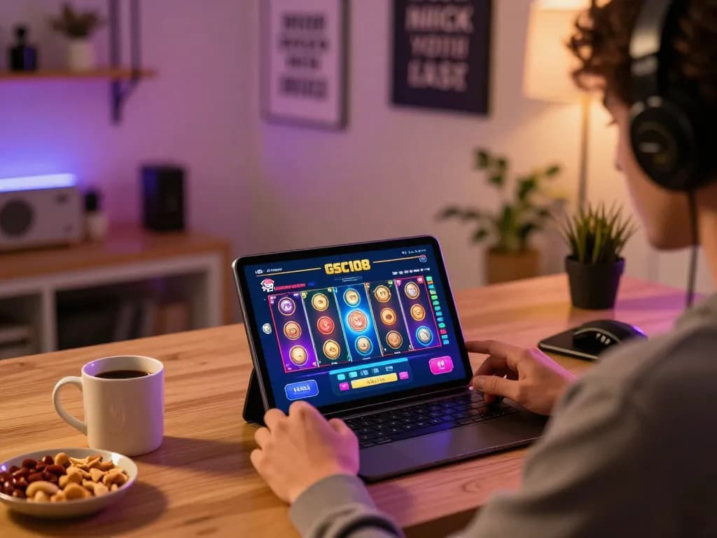 Engaging scene of online gaming with Gsc108 slot game displayed on a tablet