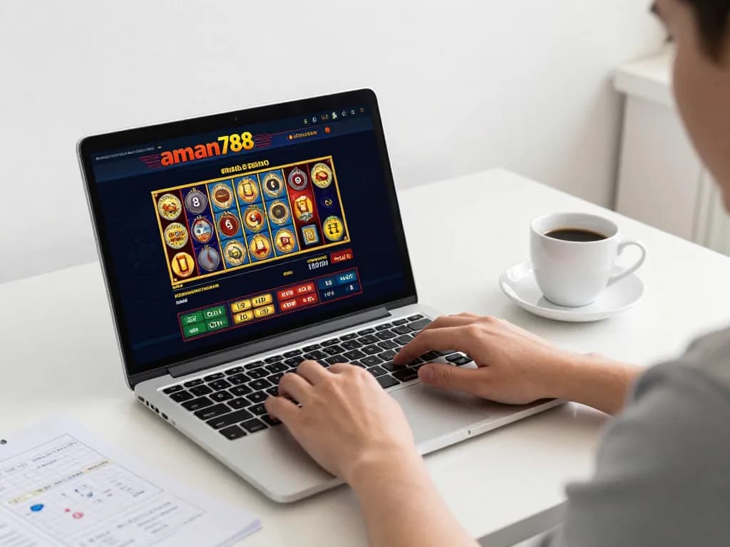 Seseorang yang terlibat dengan slot online aman788 di laptop mereka, menangkap momen bermain yang fokus.
