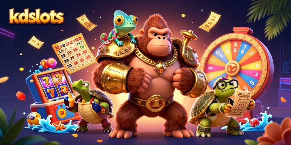 KDSlots showcases a powerful gorilla and friends amidst vibrant slot reels and games.