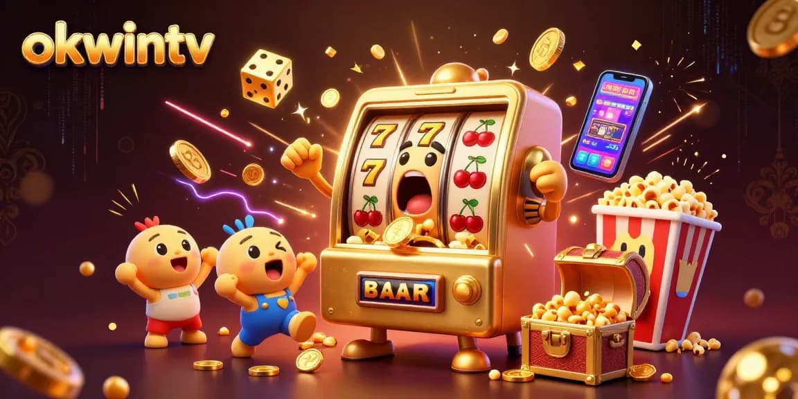 Experience the excitement of okwintv with a lively scene featuring a golden slot machine celebrating a jackpot.