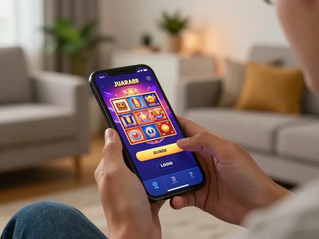 Player accessing JUARA88 LOGIN on smartphone for exciting online slots, vibrant interface in cozy home setting.