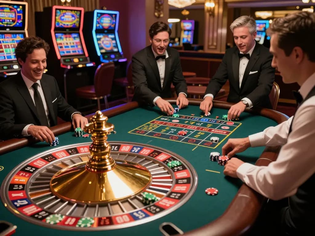MM88 players enjoying an exciting roulette game, chips and vibrant atmosphere highlighted