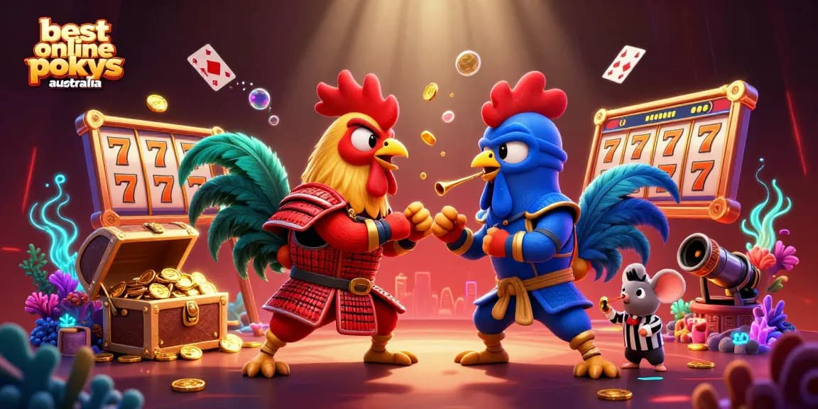 Experience thrilling battles in the best online pokies Australia with colorful roosters amidst spinning reels and gold coins.
