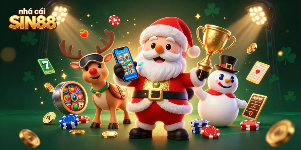 Experience excitement with nhà cái SIN88 through a festive jackpot slot game illustration featuring a cheerful Santa.