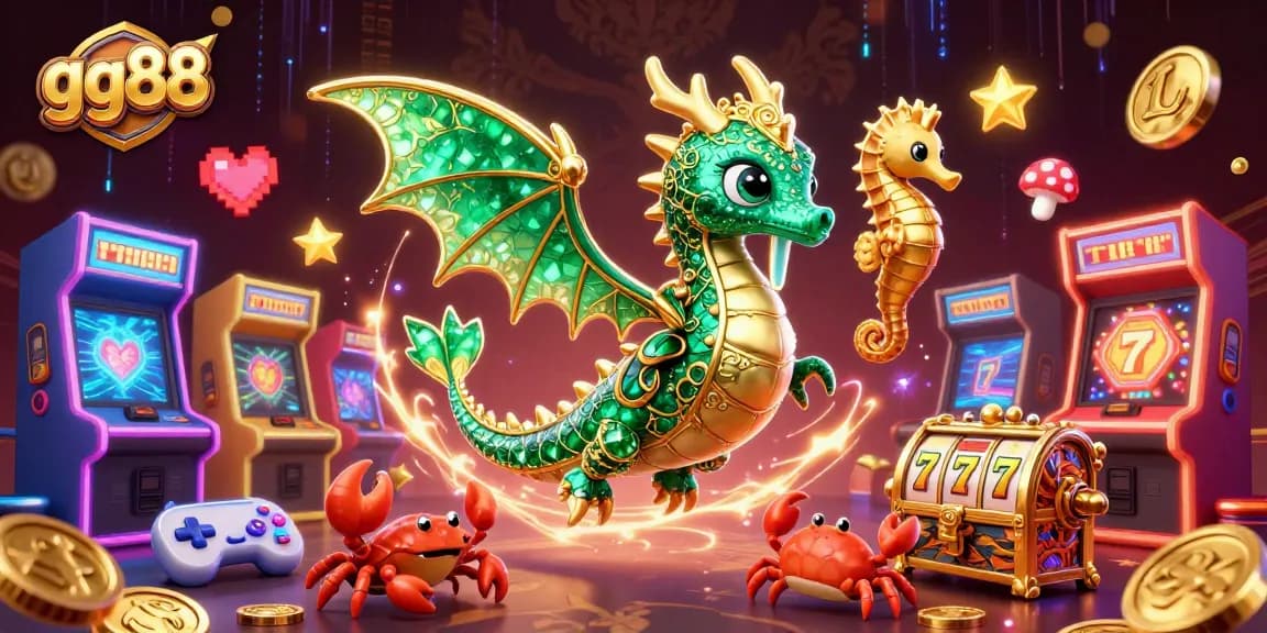 Play exciting games at gg88 with a vibrant 3D sea dragon and casino-themed arcade elements.