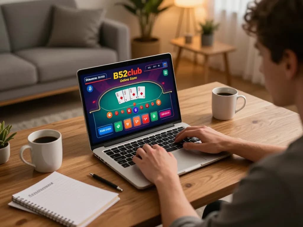 B52club player engaging with online poker game on laptop in cozy home setting, focused on strategy.