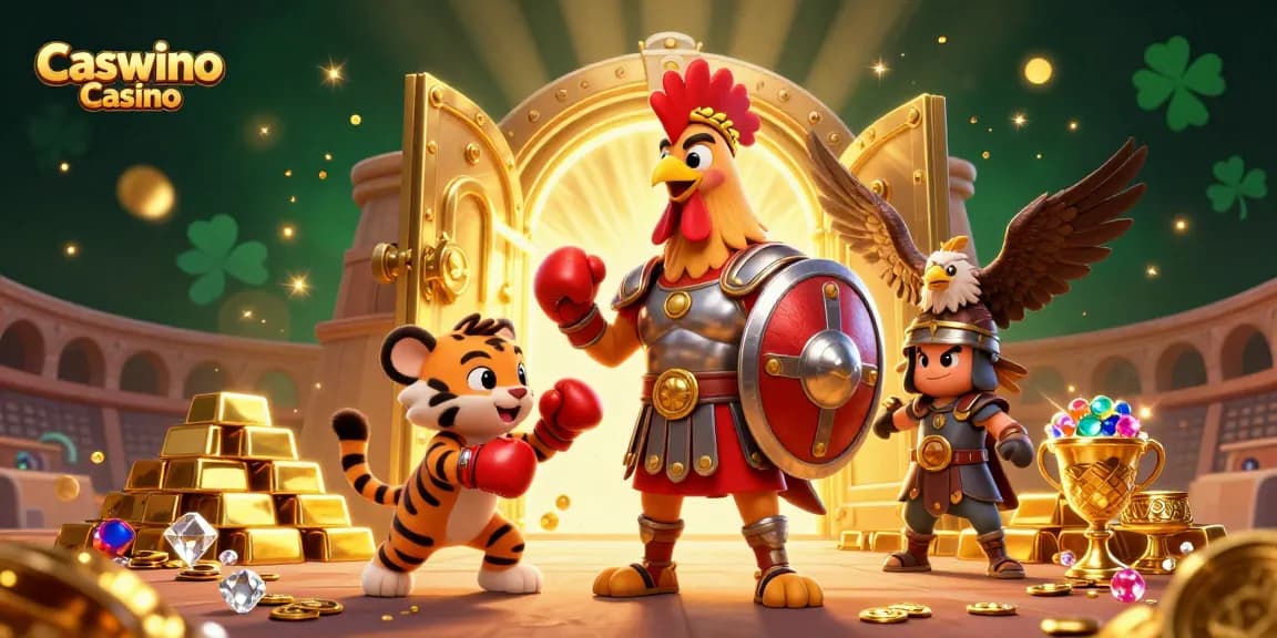 Experience thrilling action at Caswino Casino as the animated gladiator rooster and tiger partner battle in the vibrant arena.