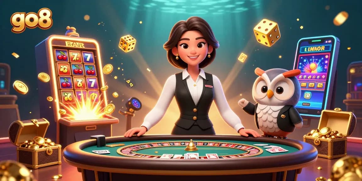 Go8 brings excitement alive with vibrant casino elements featuring a dealer duo at the baccarat table.