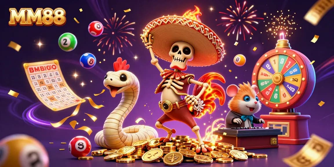 Participate in the exciting world of MM88 with colorful lottery balls and dazzling casino elements all around.
