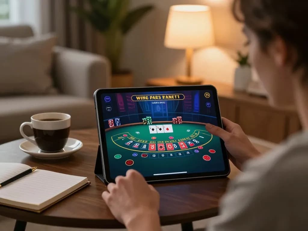 Playing live dealer blackjack on KO66 tablet in cozy home setting with warm lighting.