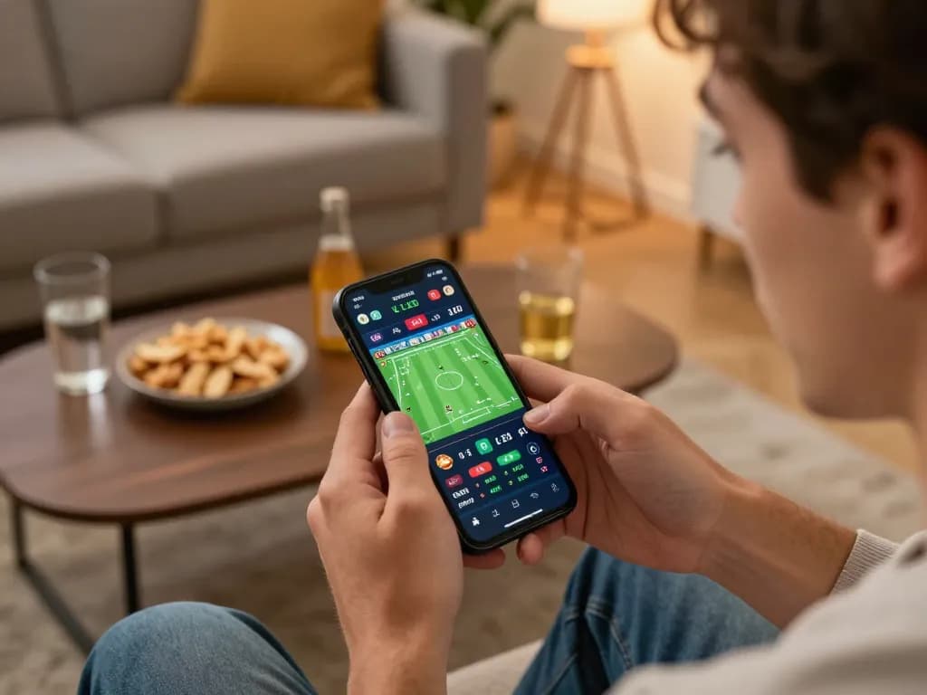 Engaging in mobile sports betting on a smartphone while exploring m101 odds in a cozy living room.