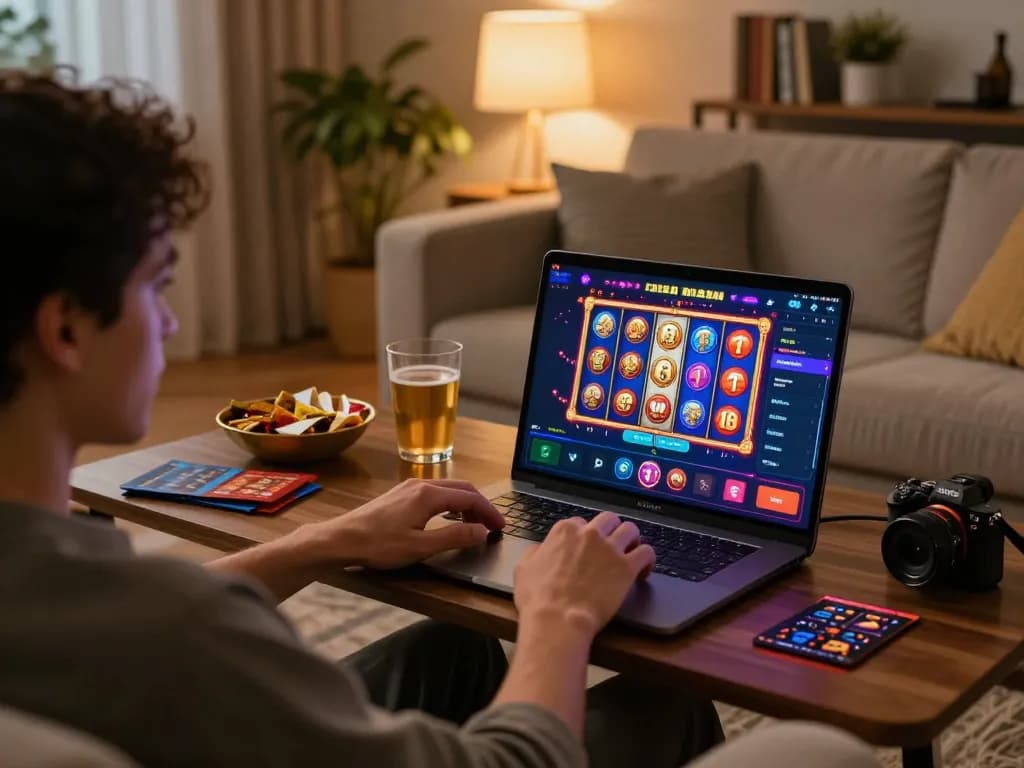 Player enjoying mm 88 slot games on a laptop in a cozy home setting, showcasing lively gameplay and responsible gambling.