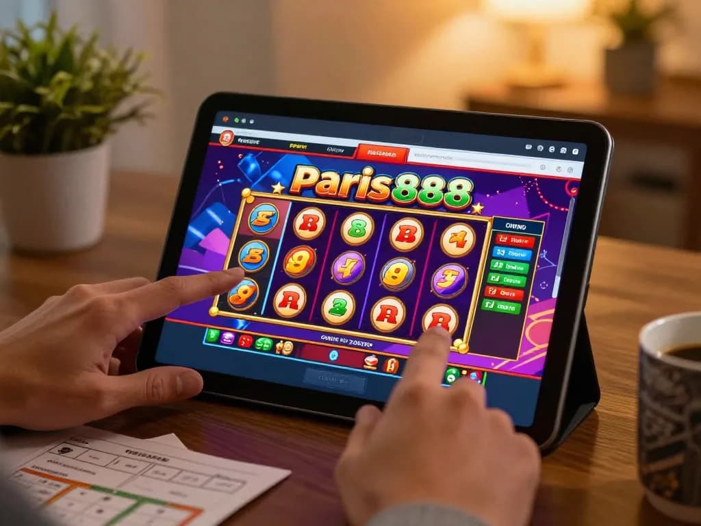 Excited player engaging with the paris888 slot game on a tablet in a cozy home environment